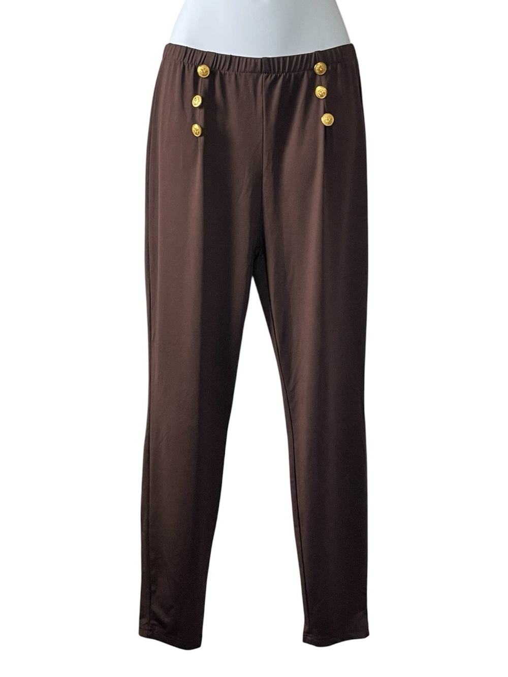 Stretch Leggings Gold Button High Rise Pull On Pants Quiet Luxury Minimal Chic - Picture 2 of 4